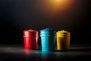 three colorful buckets with different colored balls in them. AI-Generated photo