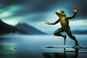 a frog jumping in the air with its arms outstretched. AI-Generated photo