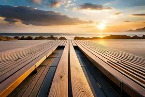 a wooden pier on the beach at sunset. AI-Generated photo