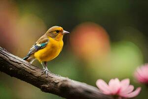 a small yellow bird is sitting on a branch. AI-Generated photo