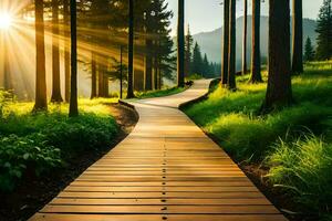 wooden path in the forest at sunrise. AI-Generated photo