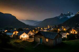 un pueblo a noche con luces en en el montañas. generado por ai foto