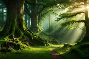 a path through a forest with trees and sunlight. AI-Generated photo