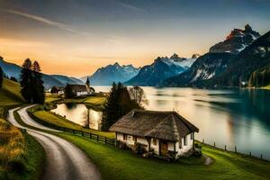 un casa se sienta en el lado de un lago a puesta de sol. generado por ai foto