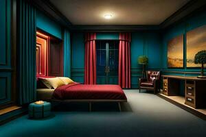 a bedroom with blue walls and red bed. AI-Generated photo