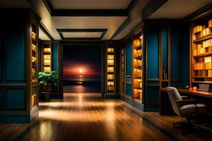 a library with a view of the ocean. AI-Generated photo