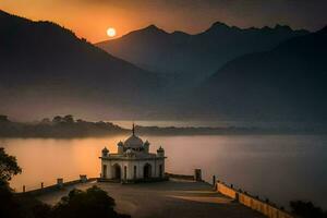 the sun rises over a lake and a temple. AI-Generated photo