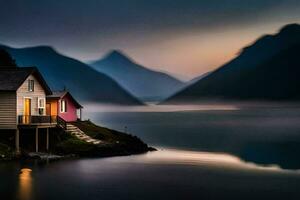 a small house sits on the shore of a lake at dusk. AI-Generated photo