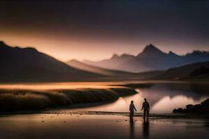 dos personas estar en el agua a puesta de sol. generado por ai foto