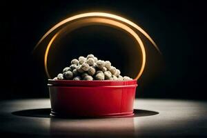 a red tin with a bowl of nuts in it. AI-Generated photo