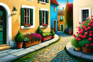 a painting of a street with flowers and a house. AI-Generated photo
