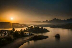 the sun rises over a lake and mountains. AI-Generated photo