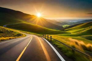 the sun rises over a road in the mountains. AI-Generated photo