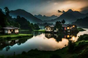 photo wallpaper the sky, mountains, house, lake, sunset, the mountains, the lake,. AI-Generated