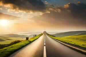 un largo la carretera con un puesta de sol en el antecedentes. generado por ai foto