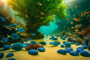 underwater scene with blue fish and coral. AI-Generated photo