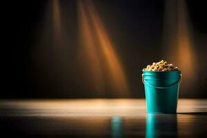 a bucket of popcorn on a table. AI-Generated photo