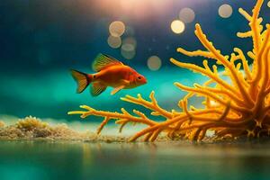 a fish swimming in the ocean with an orange coral. AI-Generated photo