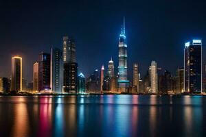 el ciudad horizonte a noche en Dubái generado por ai foto