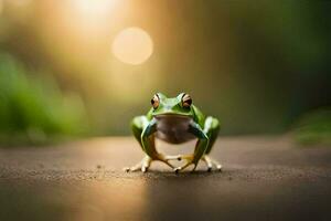 a frog sitting on a wooden surface with sunlight shining on it. AI-Generated photo