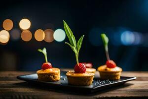 small desserts on a black plate with a blurry background. AI-Generated photo