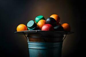a bucket filled with oranges and apples. AI-Generated photo