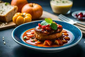 un plato de comida con un carne plato y vegetales. generado por ai foto