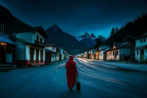 un mujer en rojo túnica caminando abajo un calle a noche. generado por ai foto