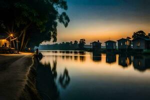 a river at sunset with houses on the shore. AI-Generated photo