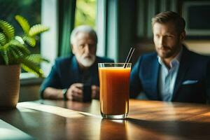 two men sitting at a table with a glass of orange juice. AI-Generated photo