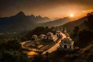 the sun sets over a temple in the mountains. AI-Generated photo