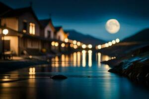 a full moon is seen over a river at night. AI-Generated photo