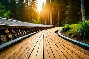 a wooden walkway in the forest with the sun shining. AI-Generated photo