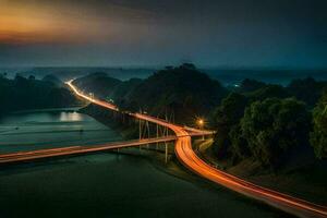 un largo exposición foto de un puente terminado un río. generado por ai