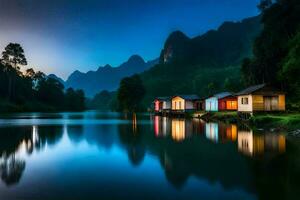 foto fondo de pantalla el cielo, montañas, agua, casa, el lago, el montañas, el lago. generado por ai