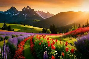 the sun is setting over a field of flowers and mountains. AI-Generated photo