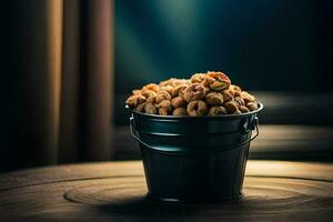 a bucket filled with nuts on a table. AI-Generated photo