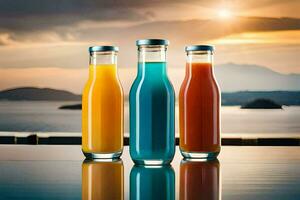 three bottles of juice sitting on a table with the sun setting behind them. AI-Generated photo