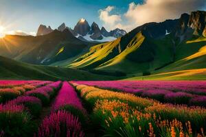 the sun shines on a field of flowers in the mountains. AI-Generated photo