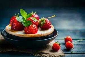 strawberries on a plate with cream cheese. AI-Generated photo