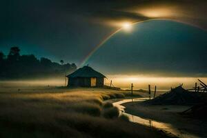 a rainbow shines over a hut in the fog. AI-Generated photo
