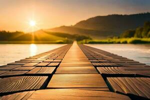 a wooden bridge over a lake at sunset. AI-Generated photo