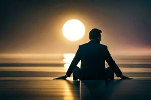 a man in a suit sitting on the beach at sunset. AI-Generated photo