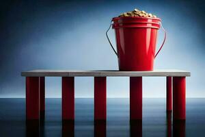 a red bucket with peanuts on top of a table. AI-Generated photo