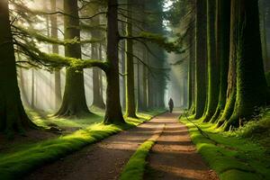 a man walks down a path in the middle of a forest. AI-Generated photo