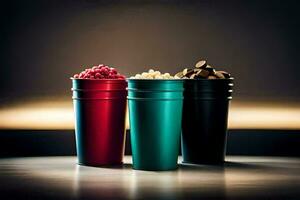 three cups of popcorn on a table. AI-Generated photo