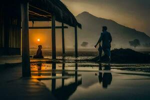 el hombre y mujer son en pie en frente de un choza a puesta de sol. generado por ai foto