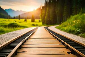 a railroad track in the middle of a field. AI-Generated photo