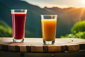 two glasses of juice on a table in front of a mountain. AI-Generated photo