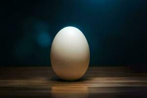 an egg on a table with a blue background. AI-Generated photo